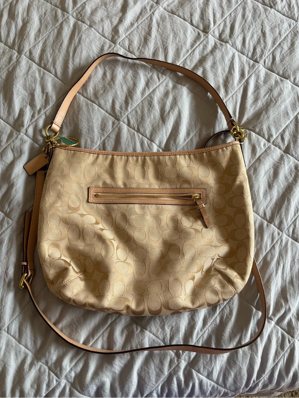 Coach Beige Signature Shoulder Bag with Green Center Stripe